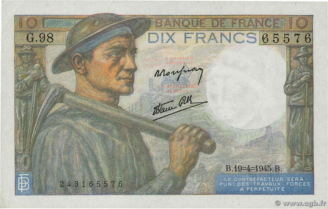 10 Francs MINEUR FRANCE  1945 F.08.13 AU-