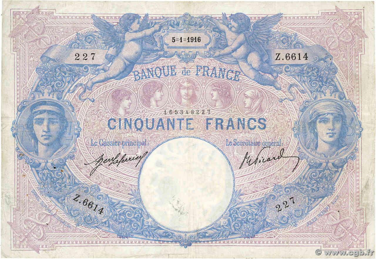 50 Francs BLEU ET ROSE FRANKREICH  1916 F.14.29 S