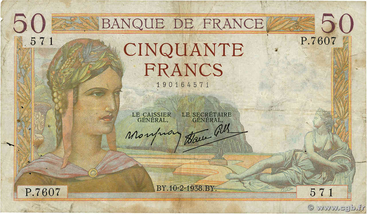 50 Francs CÉRÈS modifié FRANCE  1938 F.18.08 F-