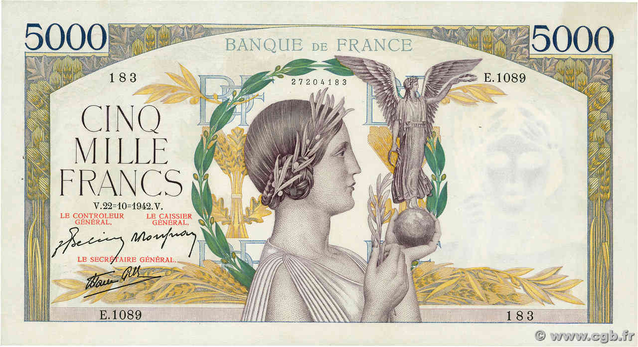 5000 Francs VICTOIRE Impression à plat FRANCIA  1942 F.46.43 q.SPL