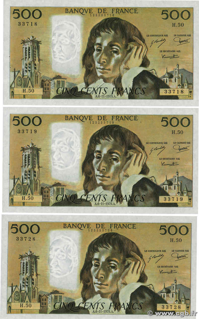 500 Francs PASCAL Lot FRANCE  1975 F.71.13 AU