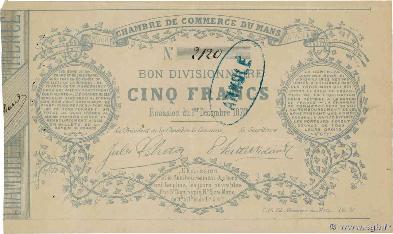 5 Francs Annulé FRANCE regionalism and various Le Mans 1870 JER.72.01 VF