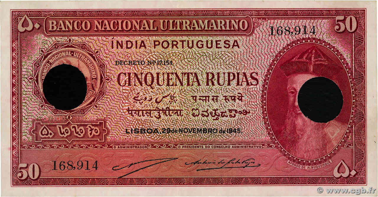 50 Rupias Annulé PORTUGUESE INDIA  1945 P.038 VF+
