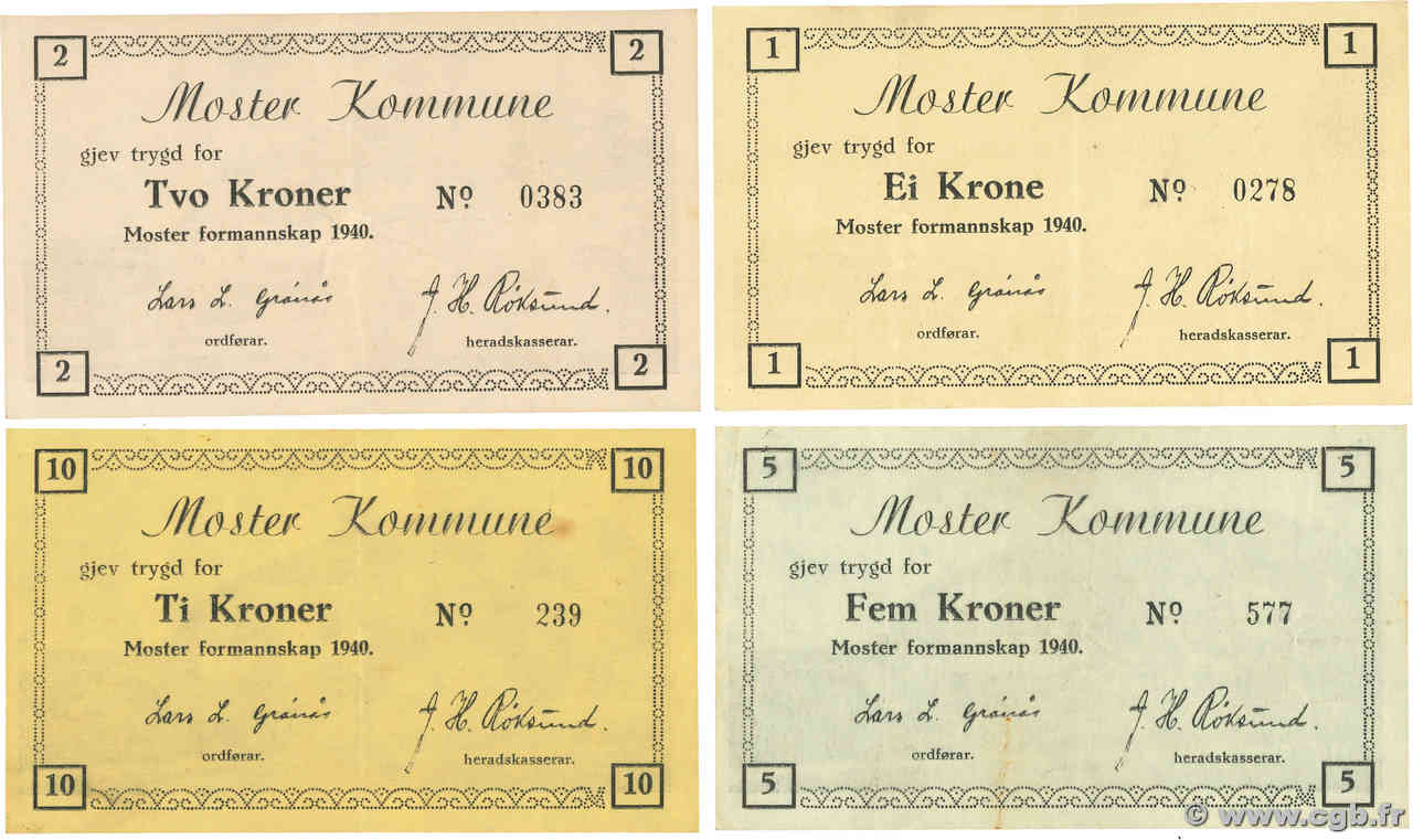1 au 10 Kroner Lot NORVÈGE Moster 1940 P.15a SS