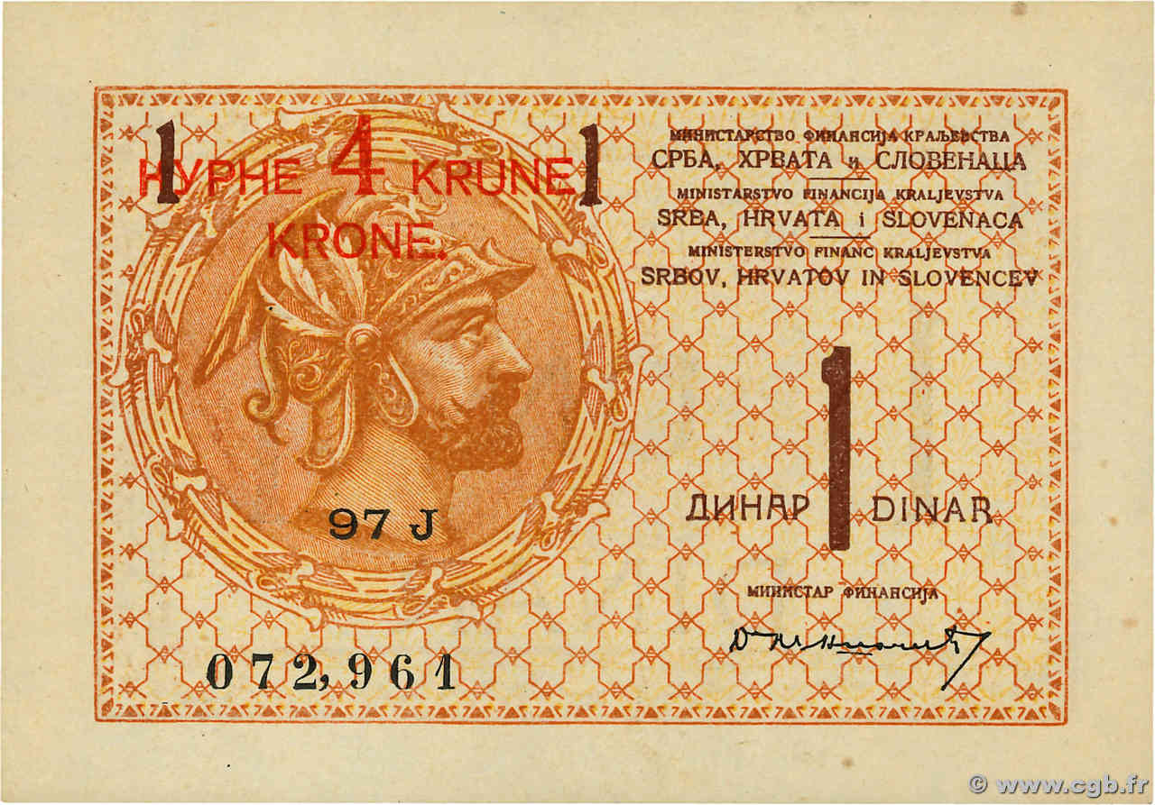 4 Kronen sur 1 Dinar YUGOSLAVIA  1919 P.015a UNC-