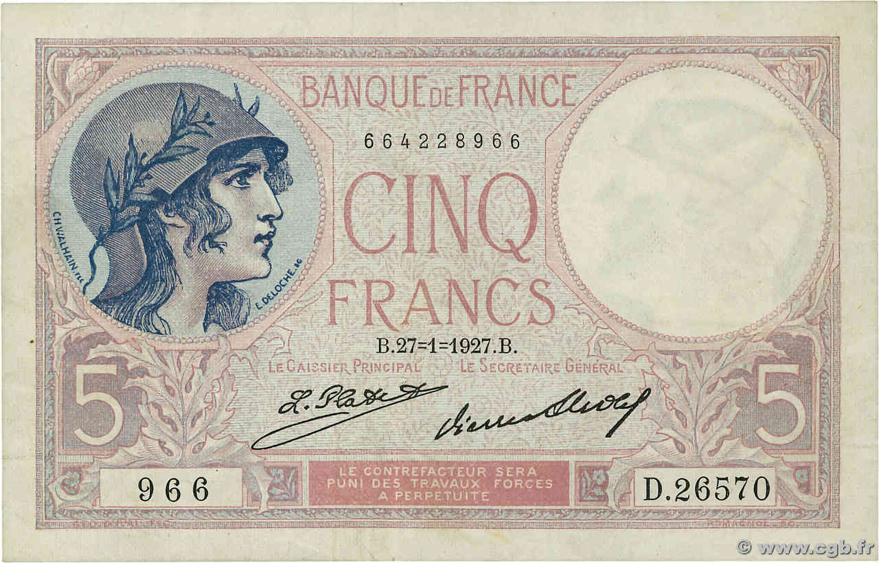5 Francs FEMME CASQUÉE FRANCE  1927 F.03.11 TTB