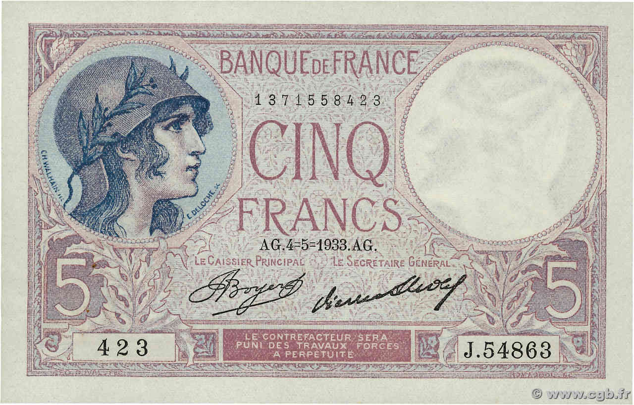 5 Francs FEMME CASQUÉE FRANKREICH  1933 F.03.17 fST