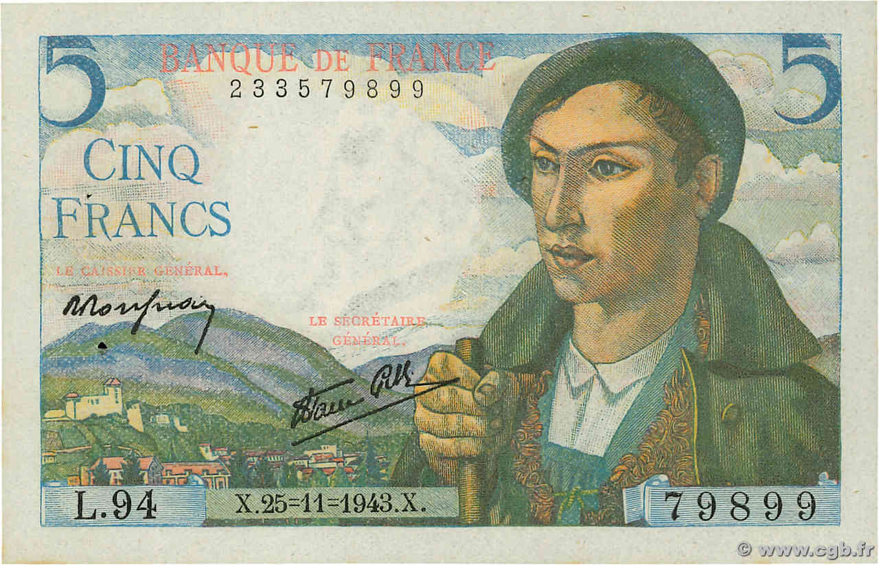 5 Francs BERGER FRANKREICH  1943 F.05.04 VZ