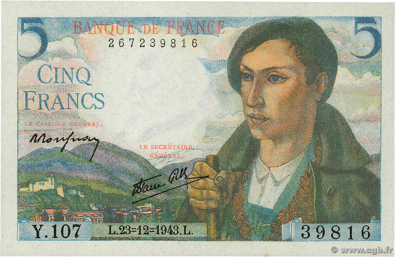 5 Francs BERGER FRANKREICH  1943 F.05.05 ST