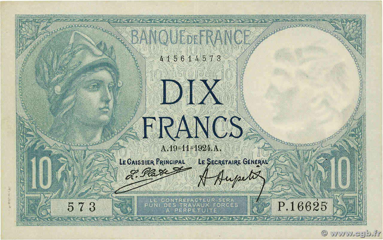 10 Francs MINERVE FRANKREICH  1924 F.06.08 fVZ