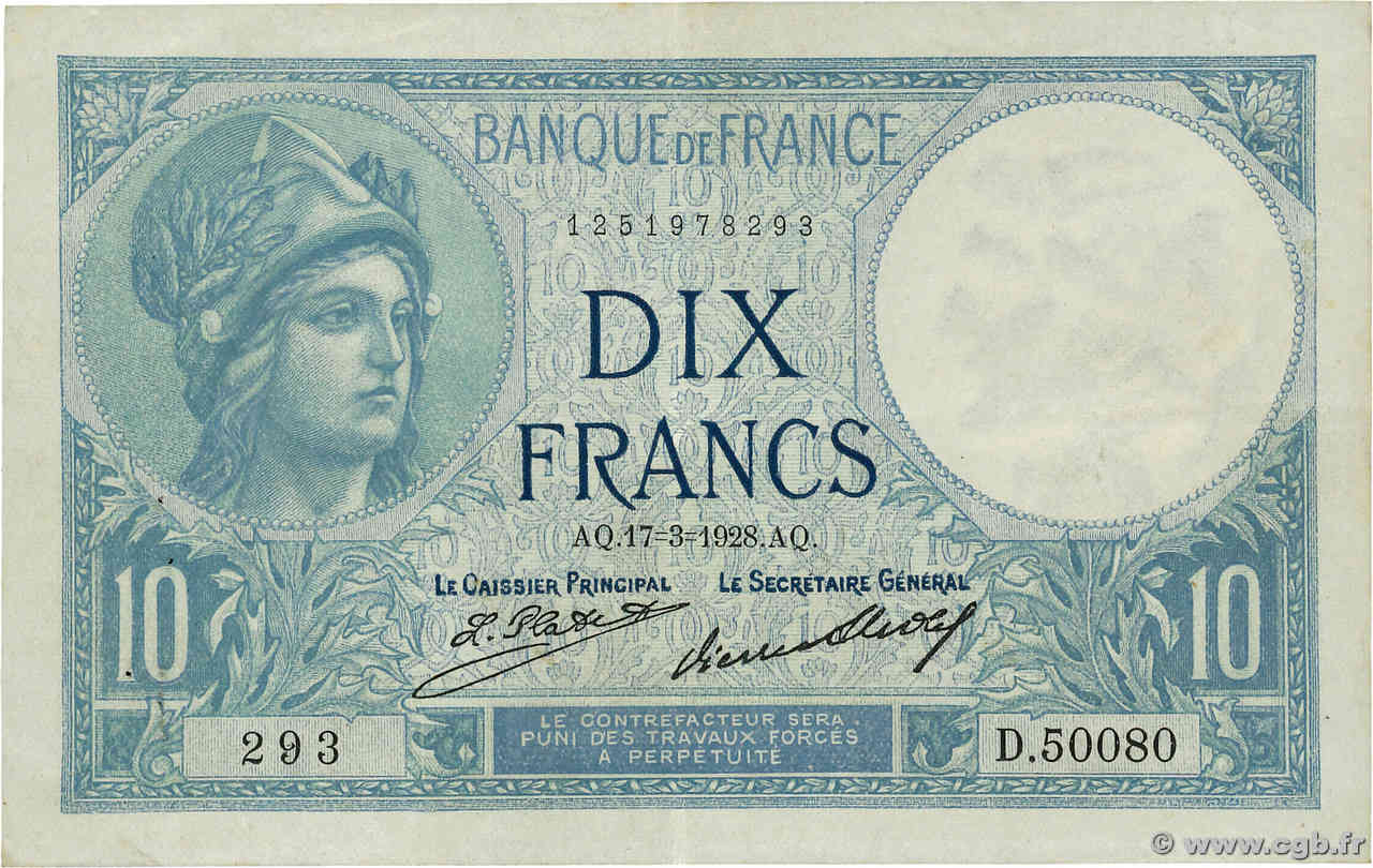 10 Francs MINERVE FRANKREICH  1928 F.06.13 SS