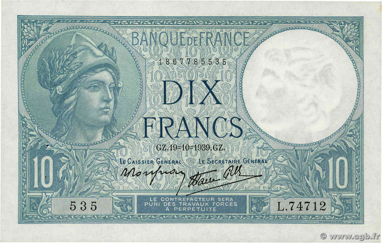 10 Francs MINERVE modifié FRANKREICH  1939 F.07.12 fST