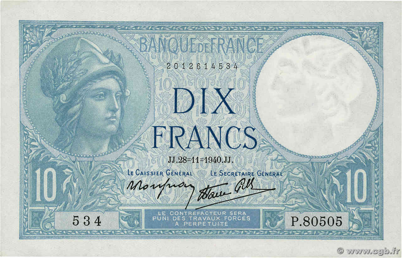 10 Francs MINERVE modifié FRANCIA  1940 F.07.22 SPL+