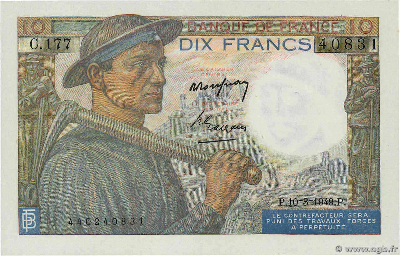 10 Francs MINEUR FRANKREICH  1949 F.08.20 fST+