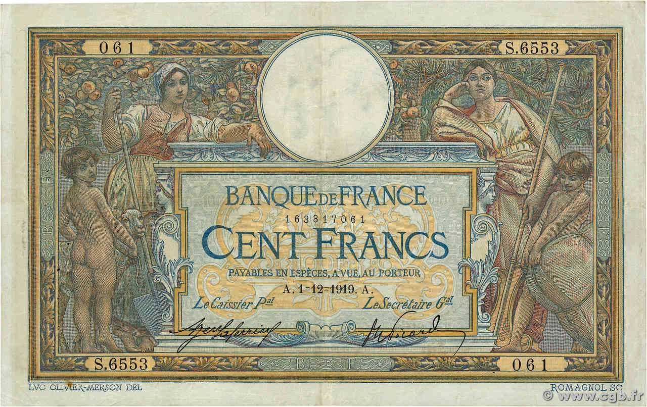 100 Francs LUC OLIVIER MERSON sans LOM FRANCE  1919 F.23.11 pr.TTB