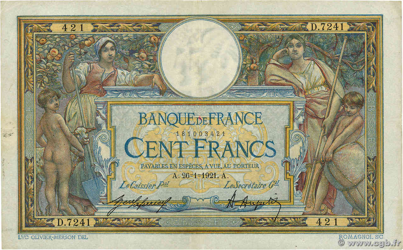 100 Francs LUC OLIVIER MERSON sans LOM FRANCE  1921 F.23.14 pr.TTB