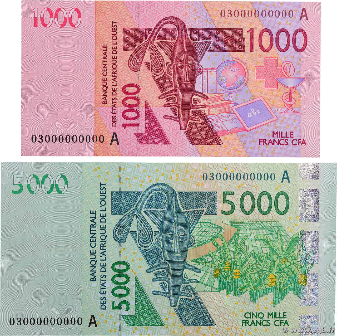 1000 et 5000 Francs Spécimen WEST AFRICAN STATES  2003 P.115As et P.117As AU