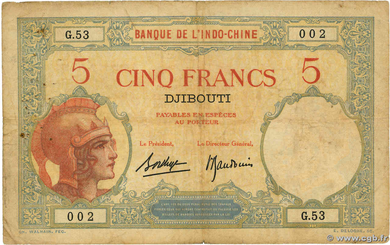 5 Francs DJIBOUTI  1936 P.06b F-