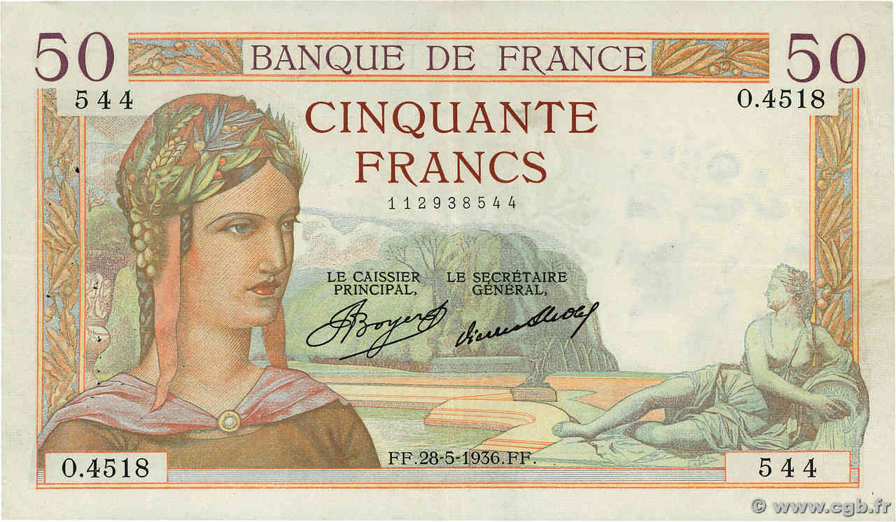 50 Francs CÉRÈS FRANKREICH  1936 F.17.26 SS