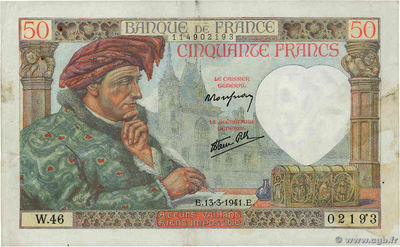 50 Francs JACQUES CŒUR FRANKREICH  1941 F.19.07 SS