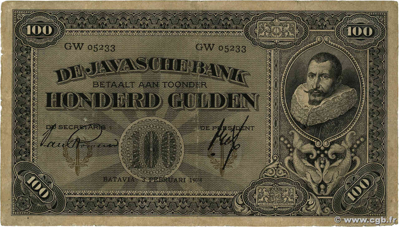 100 Gulden NETHERLANDS INDIES  1928 P.073b F