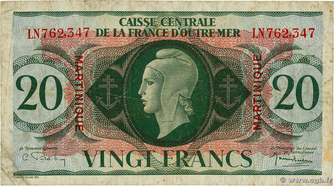 20 Francs MARTINIQUE  1944 P.24 BC