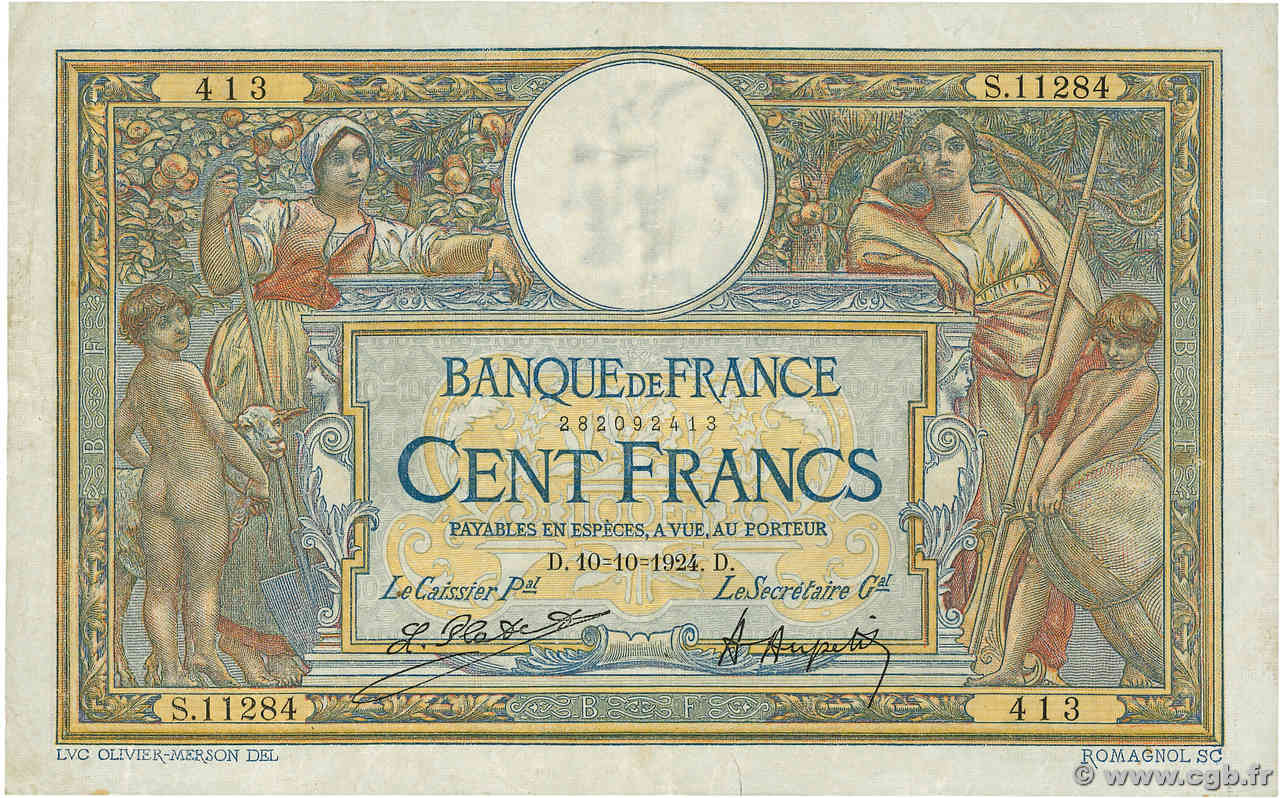 100 Francs LUC OLIVIER MERSON grands cartouches FRANKREICH  1924 F.24.02 S