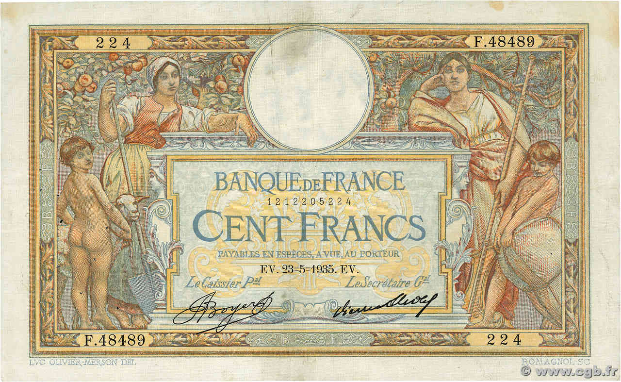 100 Francs LUC OLIVIER MERSON grands cartouches FRANKREICH  1935 F.24.14 fSS