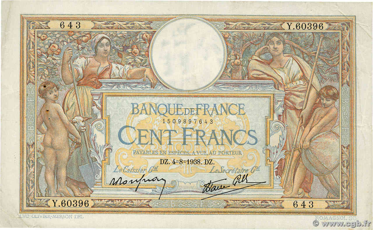 100 Francs LUC OLIVIER MERSON type modifié FRANKREICH  1938 F.25.27 S