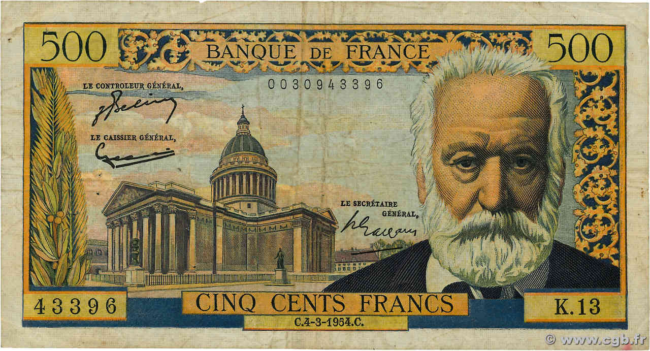 500 Francs VICTOR HUGO FRANKREICH  1954 F.35.02 fS