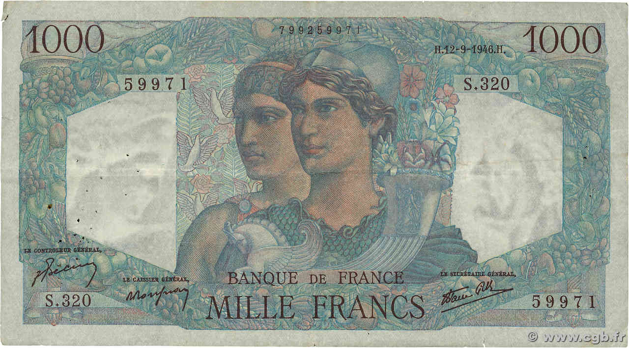 1000 Francs MINERVE ET HERCULE FRANKREICH  1946 F.41.16 fSS