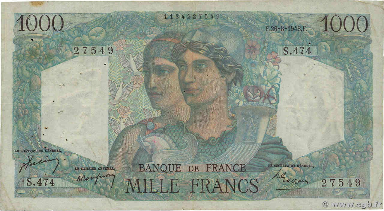 1000 Francs MINERVE ET HERCULE FRANKREICH  1948 F.41.23 fS