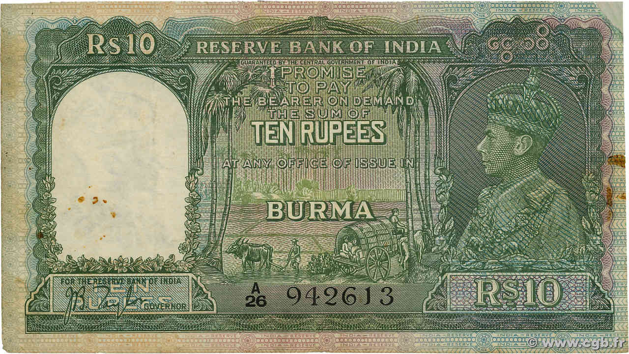 10 Rupees BURMA (VOIR MYANMAR)  1938 P.05 VF-