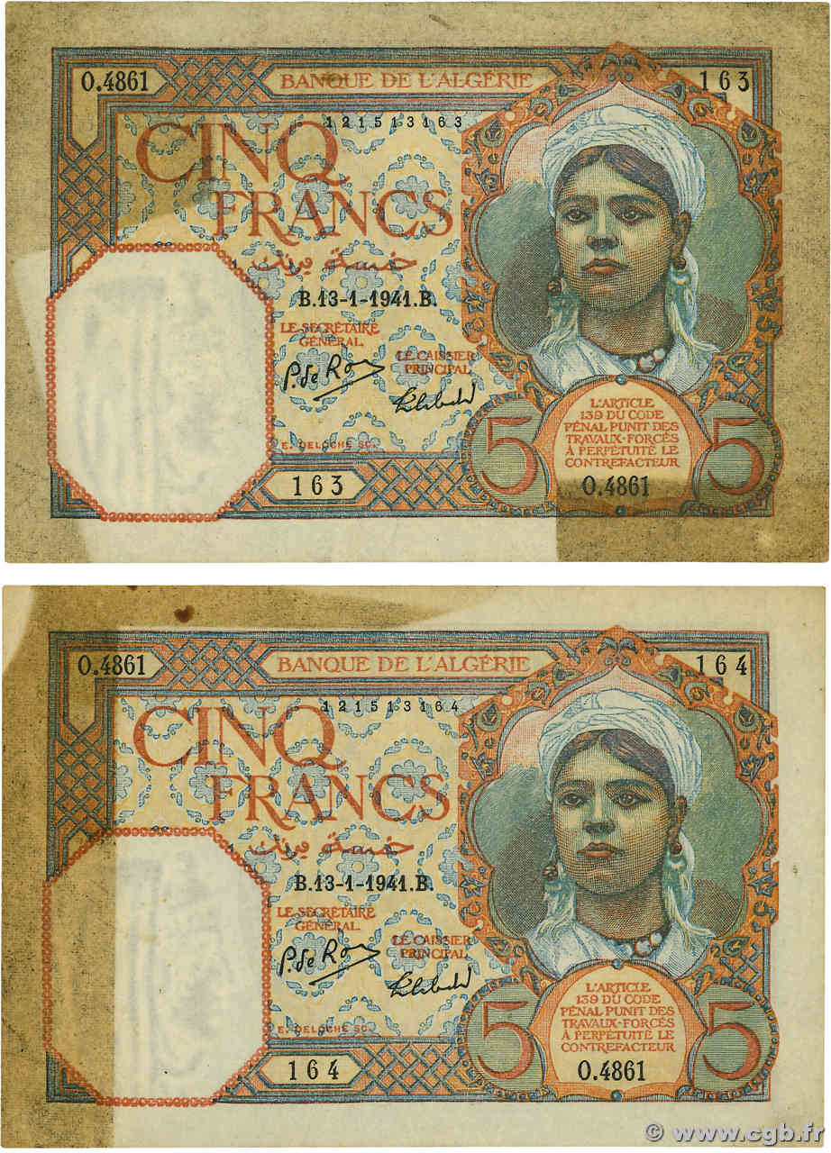 5 Francs Consécutifs ALGÉRIE  1941 P.077a TTB