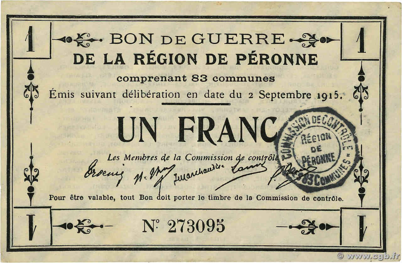 1 Franc FRANCE régionalisme et divers Peronne 1915 JP.80-414 SUP