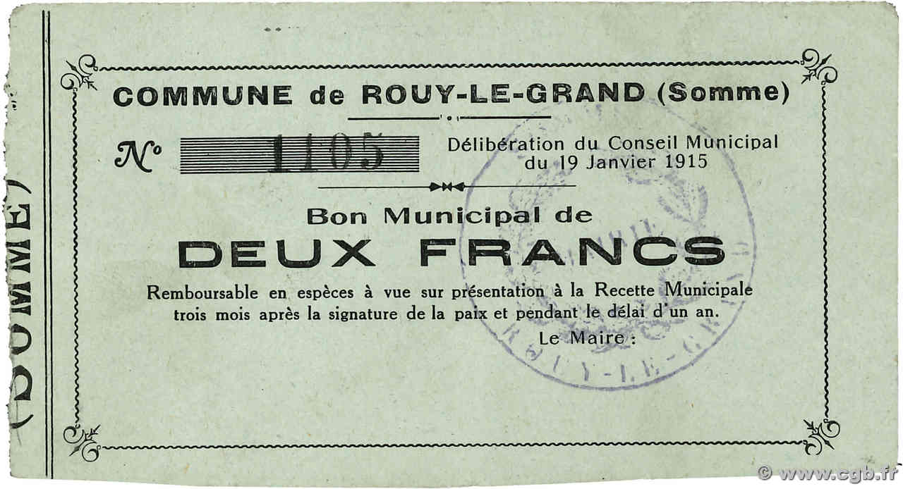 2 Francs FRANCE régionalisme et divers Rouy-le-Grand 1915 JP.80-470 TTB
