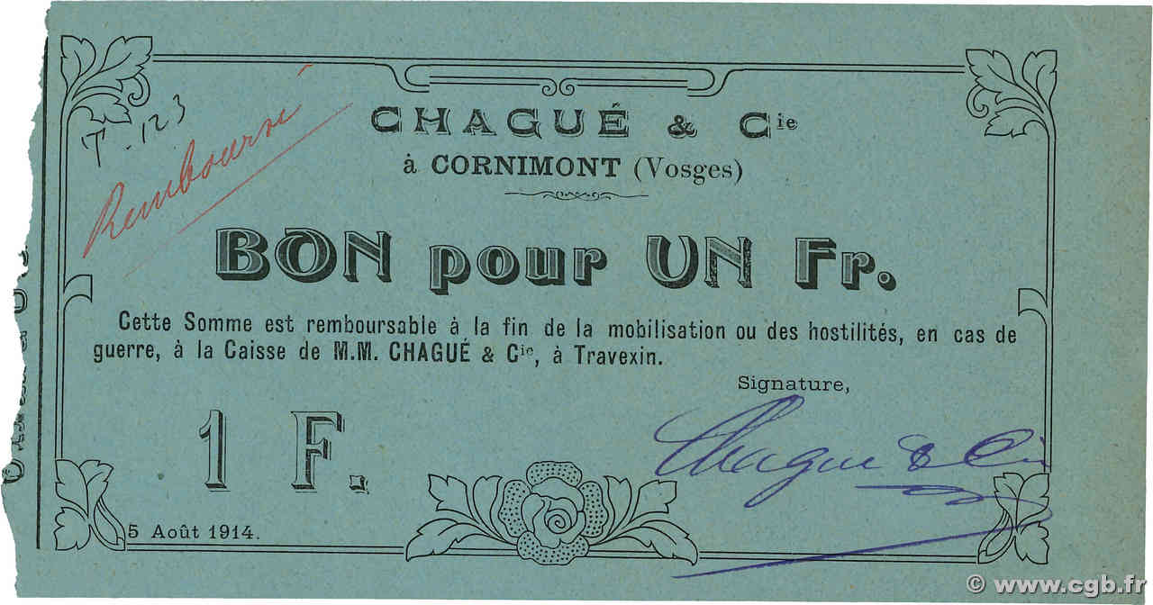 1 Franc FRANCE régionalisme et divers Cornimont 1914 JP.88-033 SPL