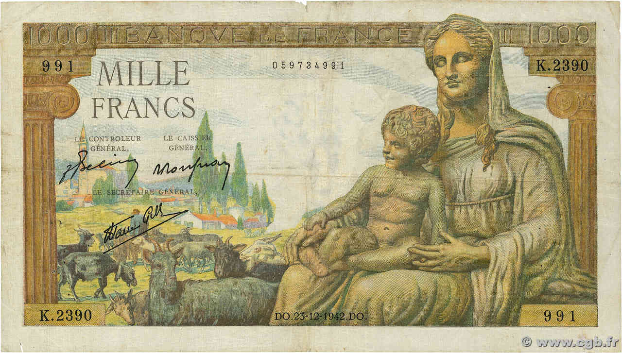 1000 Francs DÉESSE DÉMÉTER FRANKREICH  1942 F.40.14 fS