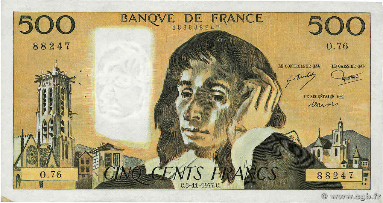 500 Francs PASCAL FRANKREICH  1977 F.71.17 S