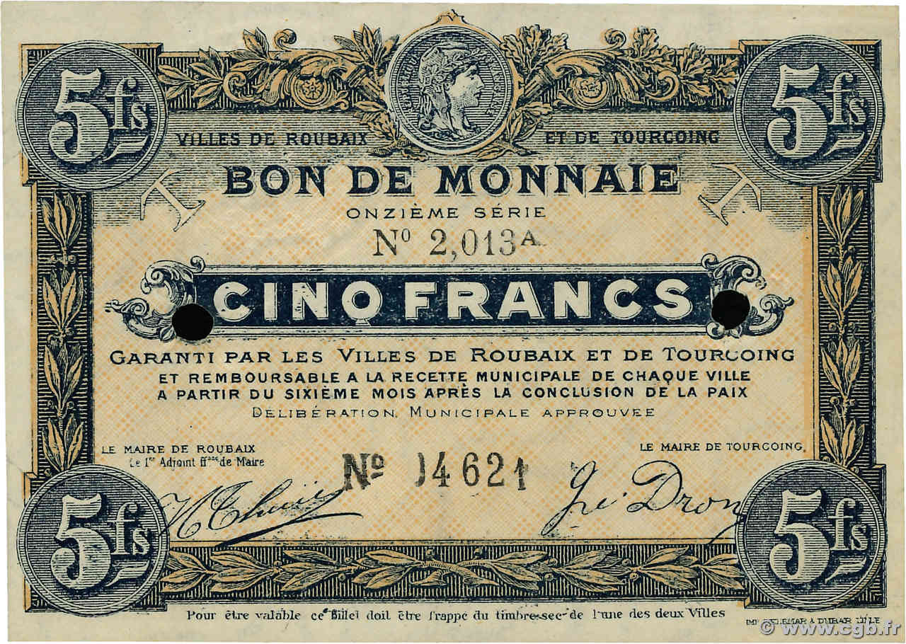 5 Francs FRANCE régionalisme et divers Roubaix et Tourcoing 1914 JP.59-2187var SPL