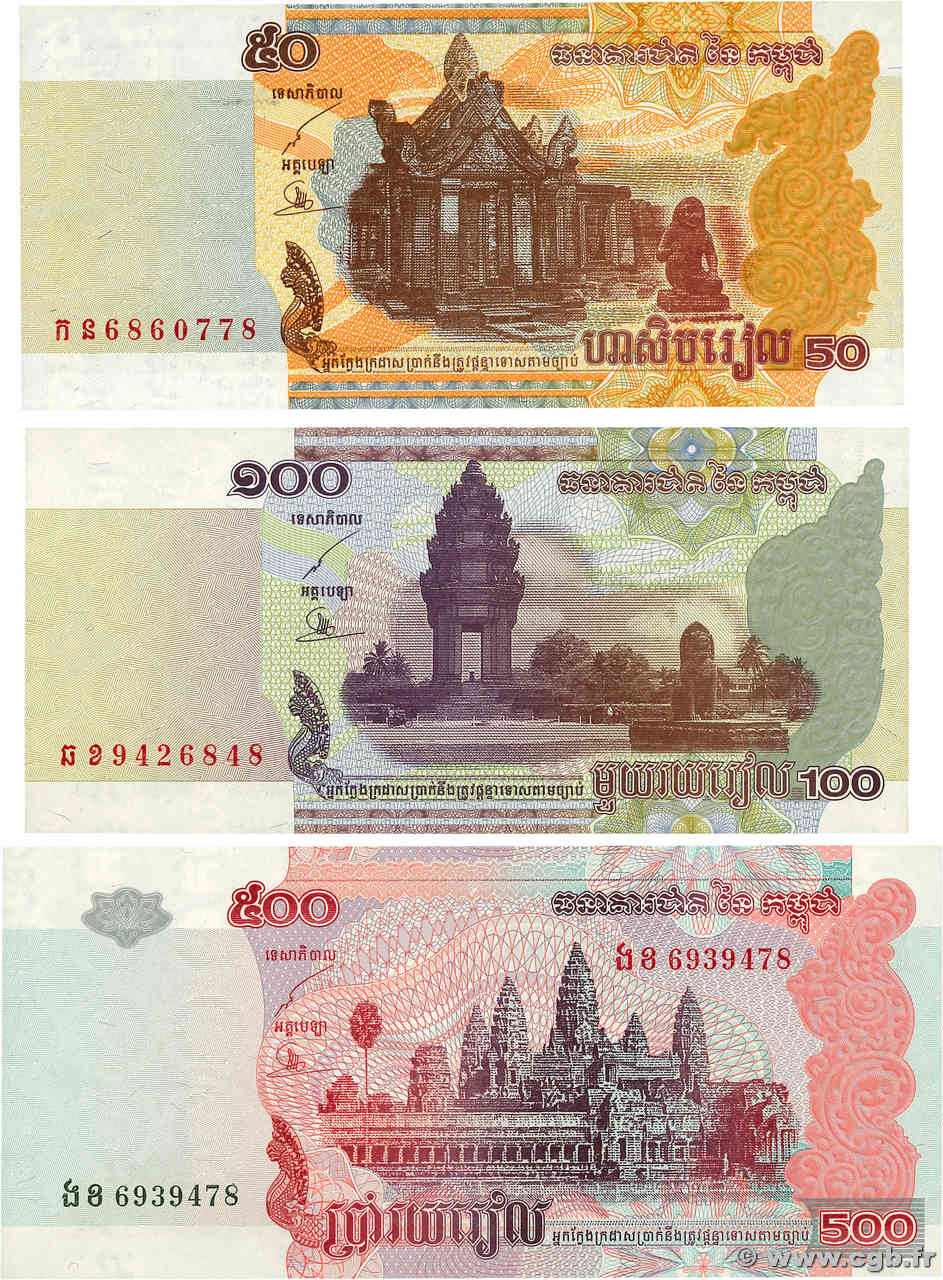 50 au 500 Riels Lot CAMBODGE  2001 P.52 au P.54 pr.NEUF