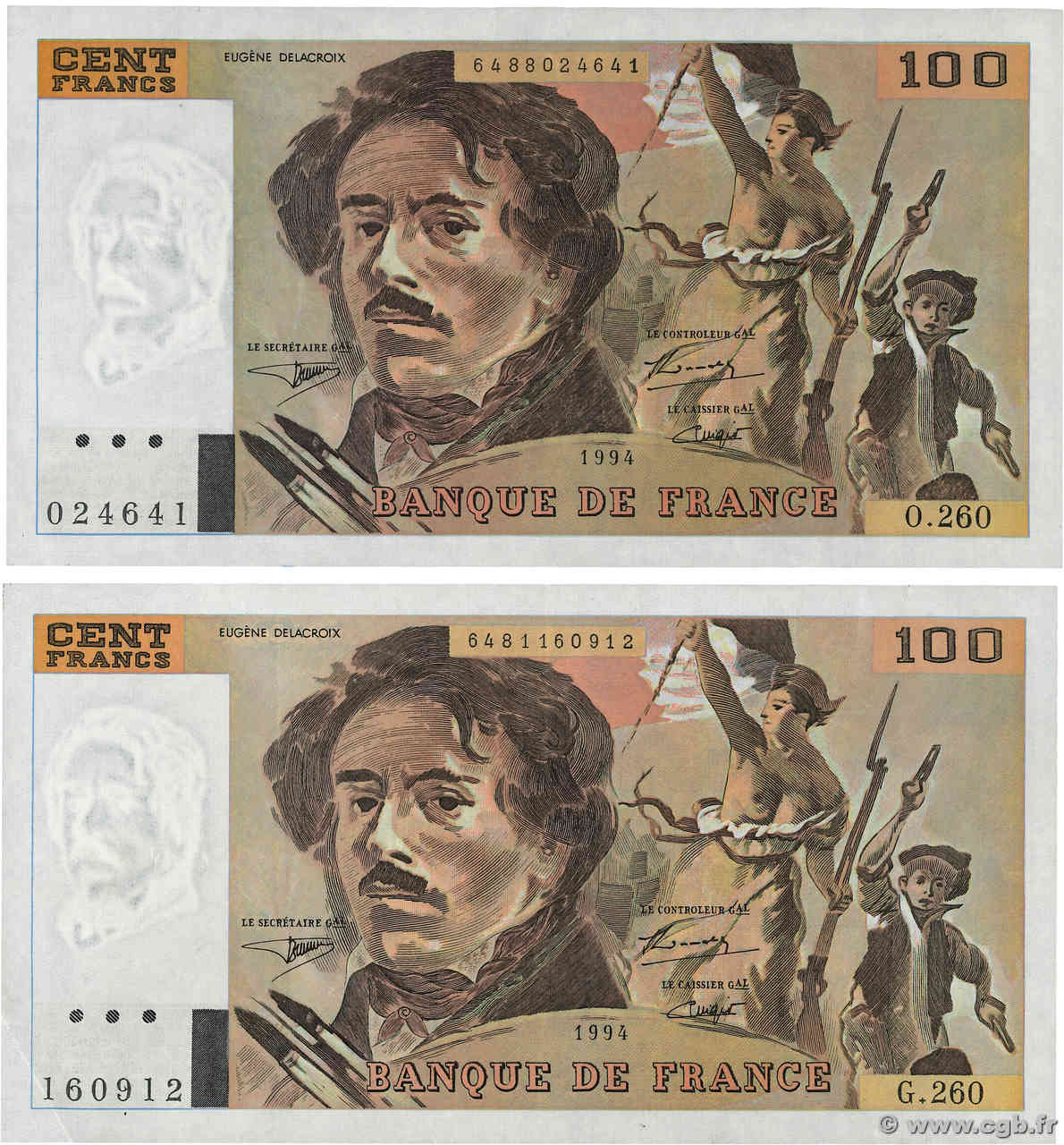 100 Francs DELACROIX 442-1 & 442-2 Lot FRANCE  1994 F.69TER.01a TTB+