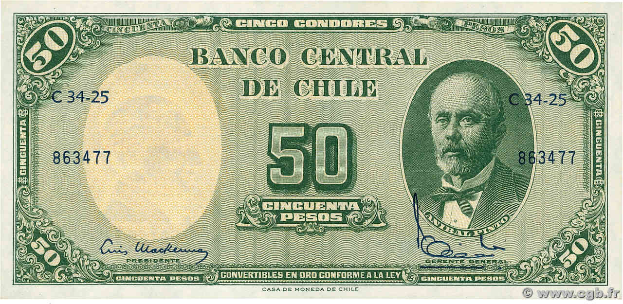 5 Centesimos sur 50 Pesos CHILE  1960 P.126b UNC