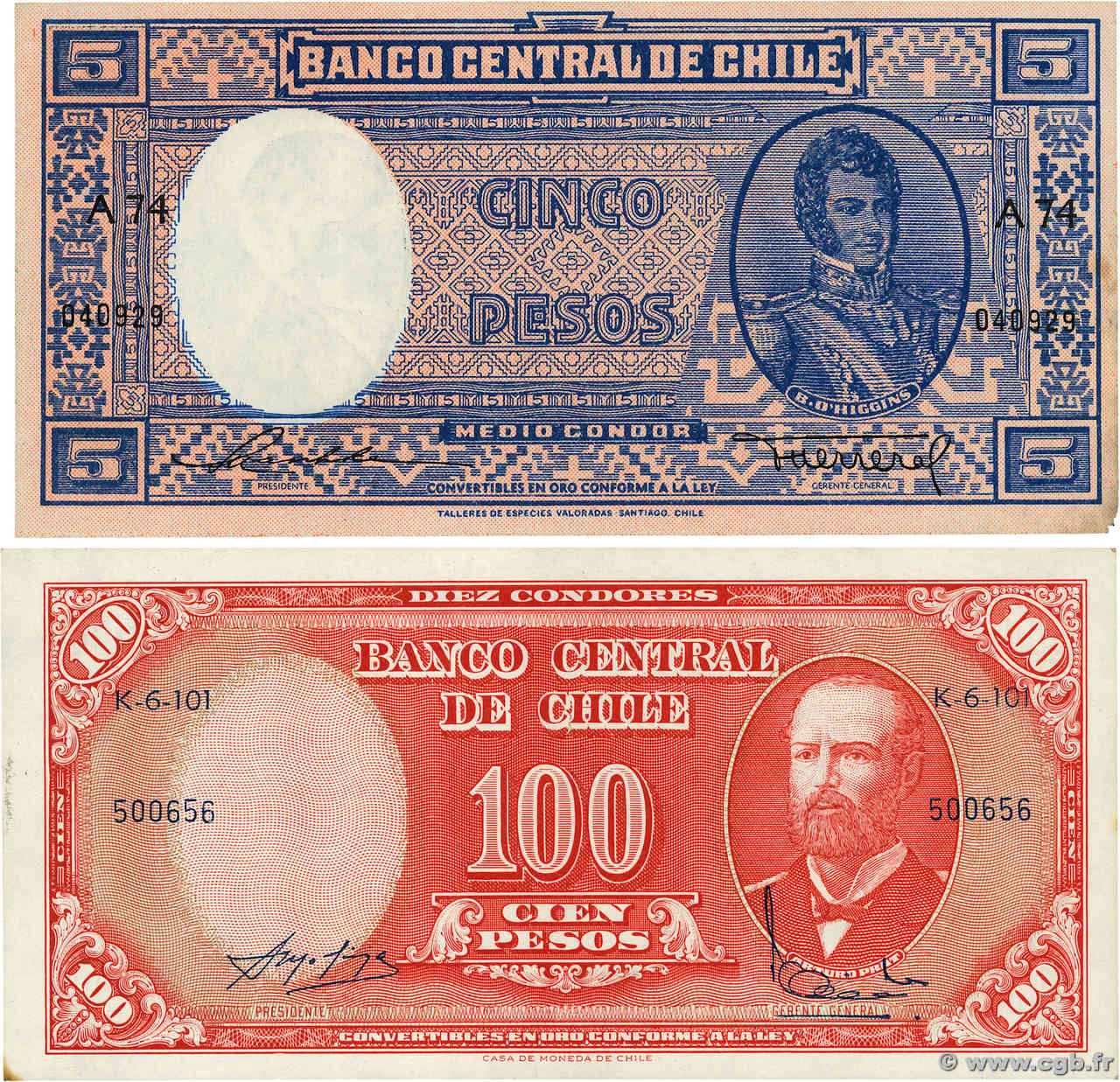 5 Pesos - 1/2 Condor et 10 Centesimos sur 100 Pesos Lot CHILE  1947 P.110 et 127a XF
