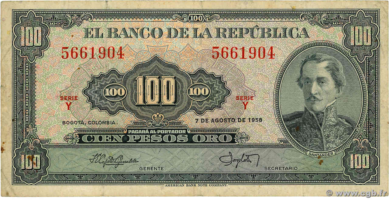 100 Pesos Oro COLOMBIE  1958 P.403a TB