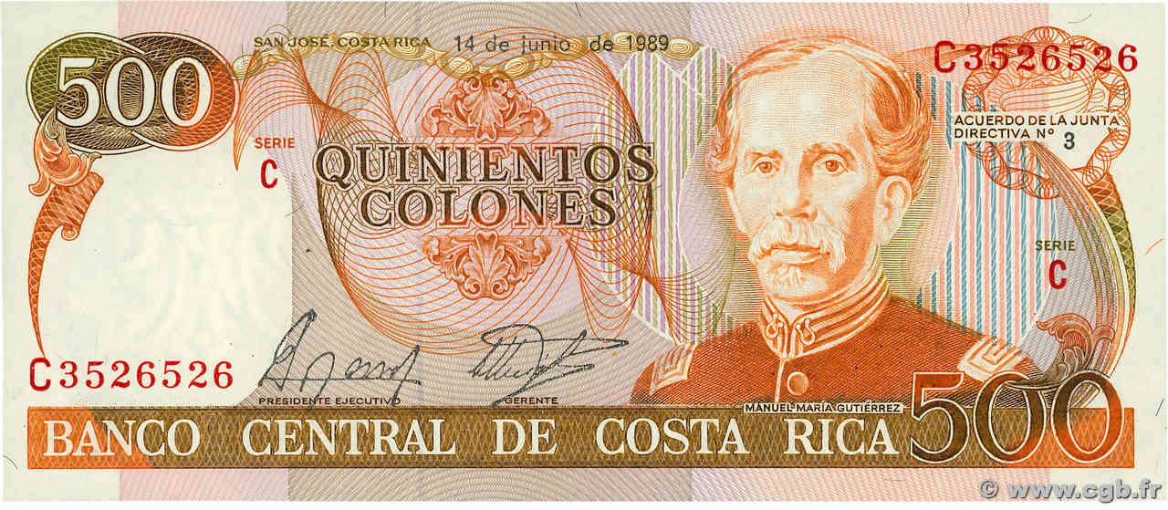 500 Colones COSTA RICA  1989 P.255 NEUF
