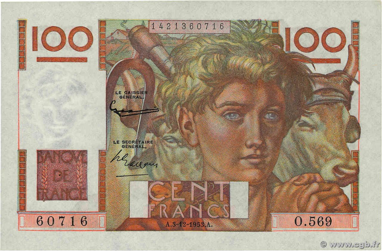 100 Francs JEUNE PAYSAN FRANCE  1953 F.28.40 SPL