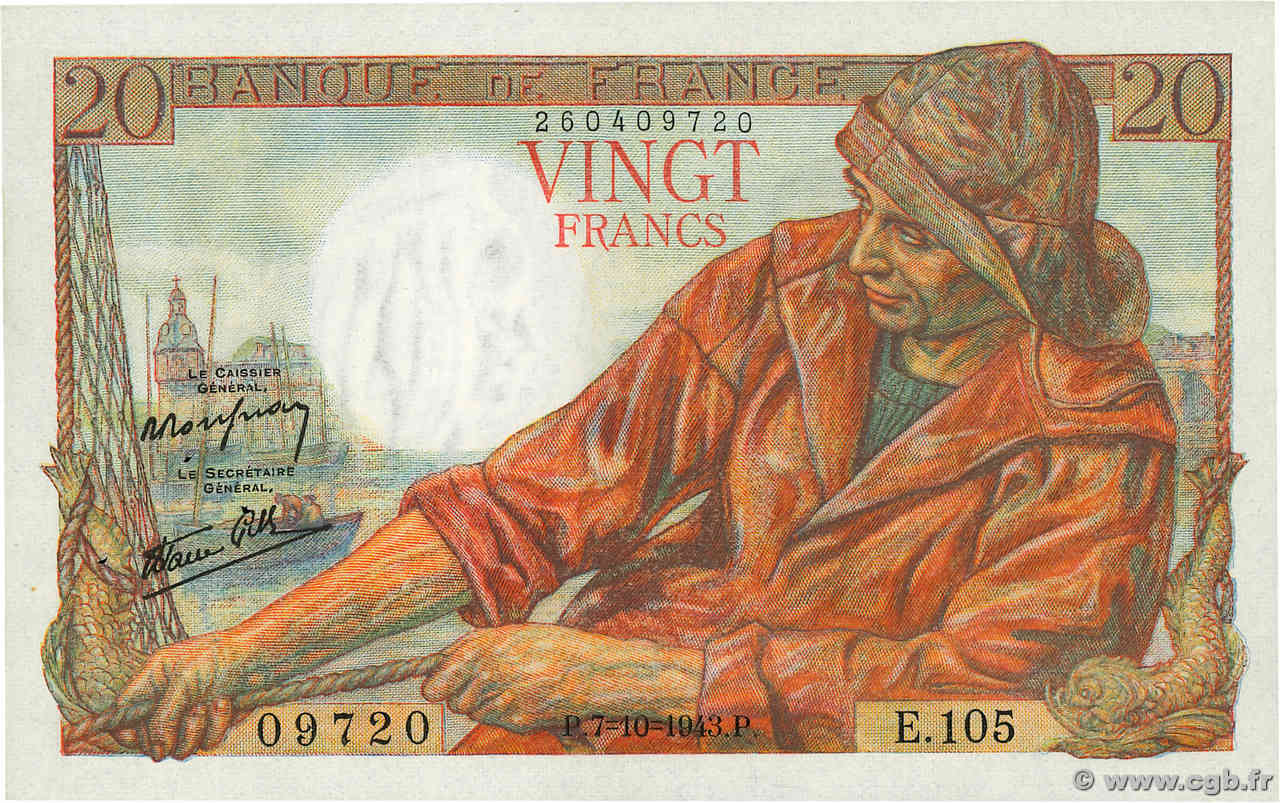 20 Francs PÊCHEUR FRANCE  1943 F.13.07 SUP+