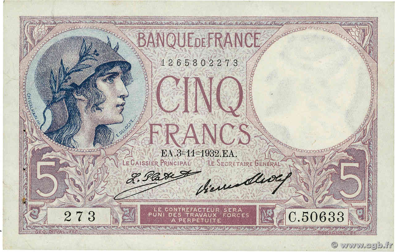 5 Francs FEMME CASQUÉE FRANCE  1932 F.03.16 SUP