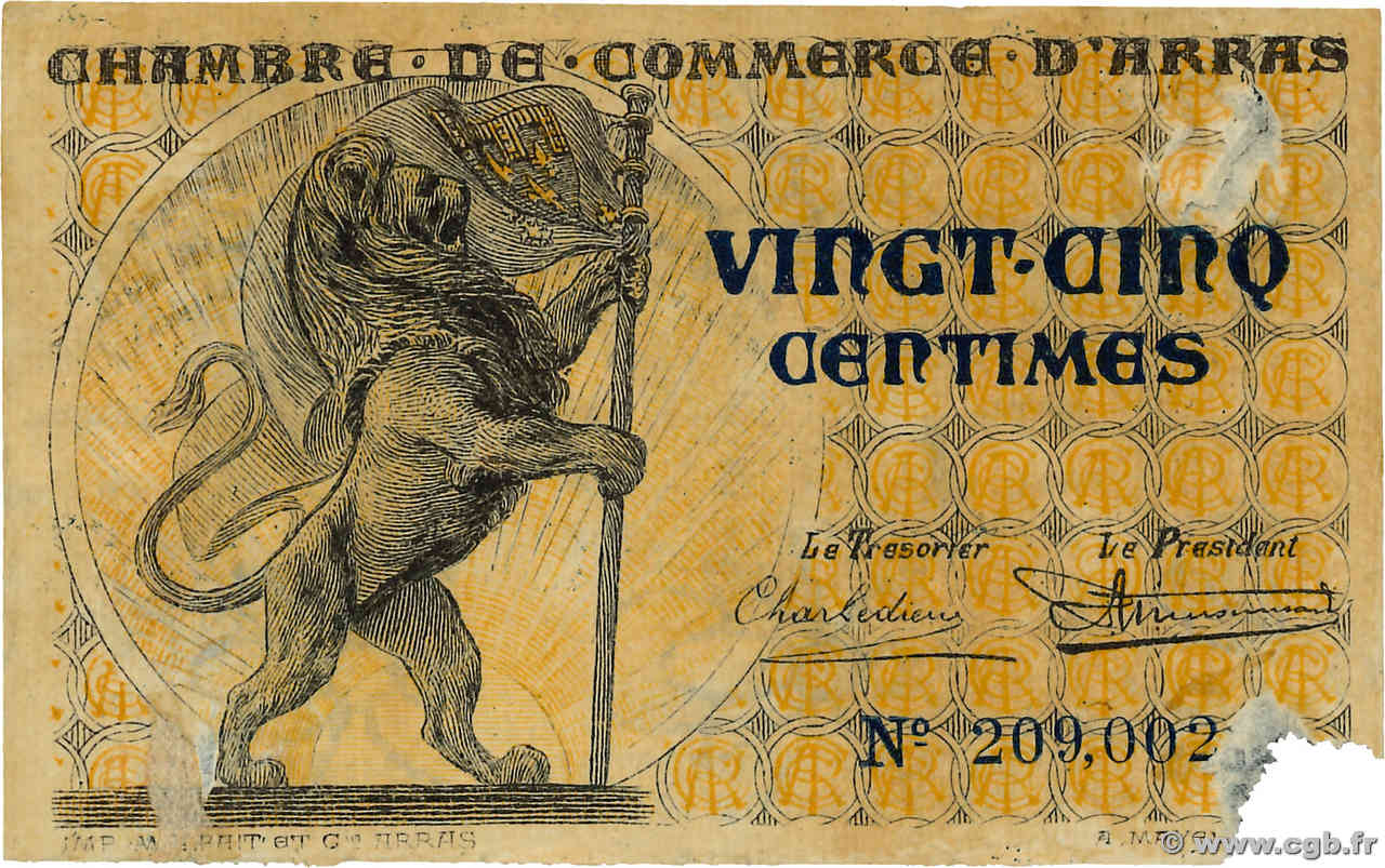 25 Centimes FRANCE régionalisme et divers Arras 1918 JP.013.03 TB